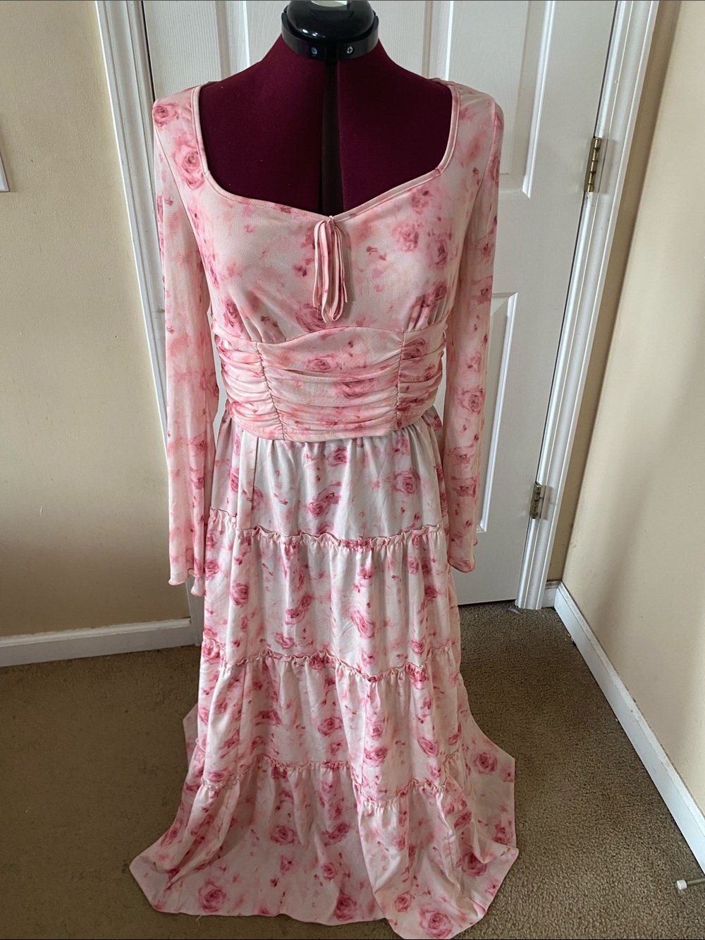 Pink Floral Long Sleeve Tiered Maxi Dress